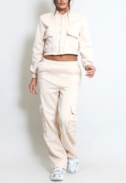 Jersey Jacket And Cargo Trouser Set In Cream