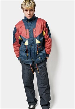 80s vintage ski jacket red navy blue block retro parka coat