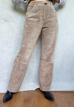 Vintage Beige Suede Pants, Leather Trousers, Medium size