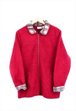 Vintage Fleece Sweatshirt Red Zip Up Checked Collar 90s 