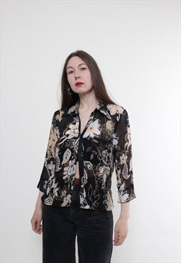 Vintage 90s sheer blouse, black flowers blouse transparent 