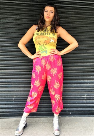 VINTAGE PINK CHINESE PRINT 3/4 LENGTH SHINY TROUSERS