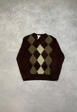 Dockers Knitted Jumper Argyle Patterned Grandad Sweater 