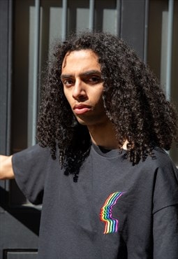 Black T-shirt with Futuristic Rainbow Embroidery