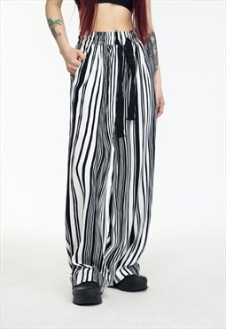 Women's Black white striped pleated drawstring pants 