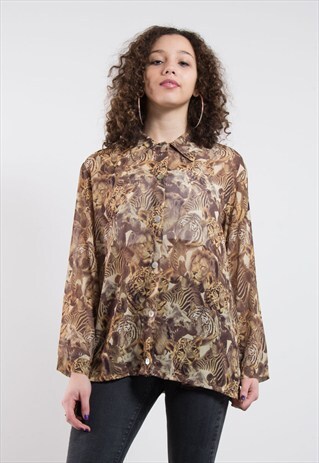 90'S BIG CAT LION PRINT SHEER SHIRT