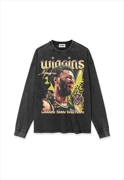 Black Wiggins Washed Long Sleeve fans T shirt tee NBA