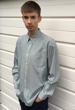 MENS VINTAGE 80S YVES SAINT LAURENT GREEN WHITE STRIPY SHIRT