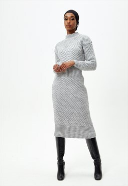 Long Sleeve Grey Knitted Maxi Dress 