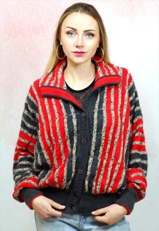 1980S VINTAGE RED, GREY AND GOLD KNIT MOHAIR CARDIGAN