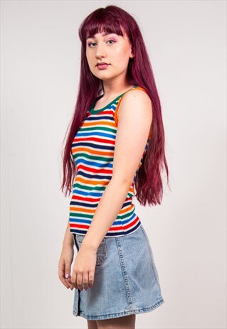 VINTAGE 70'S MULTICOLOUR STRIPED PATTERN KNIT VEST TOP