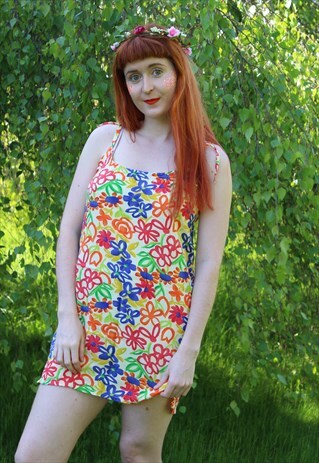VINTAGE 90S YELLOW BLUE PINK FLORAL CAMI FESTIVAL MINI DRESS