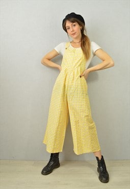 Gingham Pattern Dungarees Check 3/4 Length Wide Leg