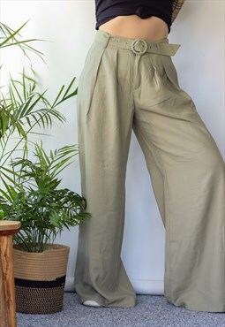 Y2K Style Wide Leg Sage Green Belted Trousers