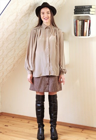 LIGHT BROWN SILK LIKE LONG SLEEVE SHIRT