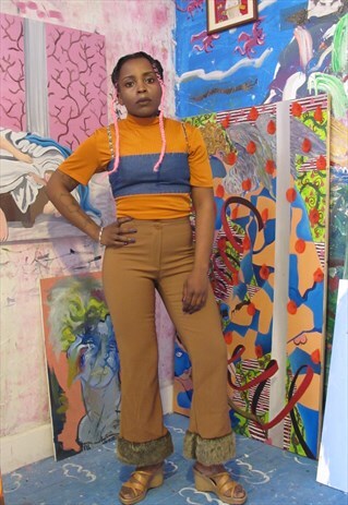 FAUX FUR HEM CAMEL KICK FLARES