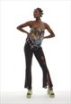 Y2K Low Rise Flared Mesh Trousers With Leg Cut Out In Black