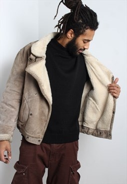 Vintage Suede Leather Sherpa Lined Jacket Coat Brown