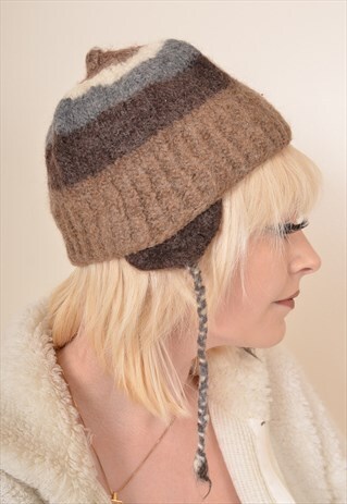VINTAGE WOOL STRIPED TRAPPER HAT HAT IN CREAM