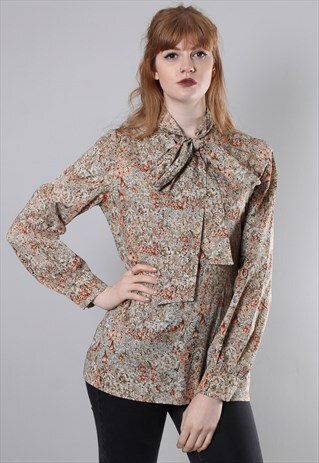 VINTAGE 60S FLORAL PATTERNED TIE NECK BLOUSE
