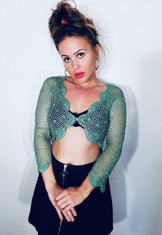 90s green beaded crochet cropped cardigan top