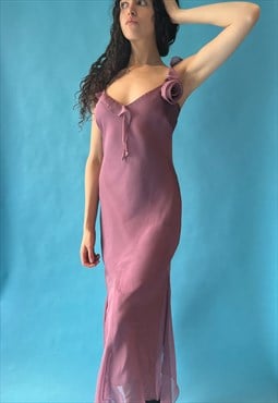 Vintage Y2K Size S Waterfall Dress & Floral Brooch in Lilac.