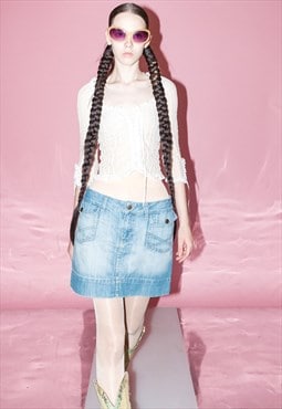 Vintage Y2K classic denim stitched mini skirt in light wash