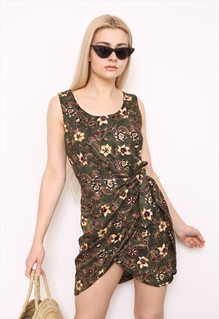 VINTAGE 90S DARK GREEN FLORAL PRINT WRAP MINI DRESS