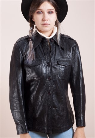 70S VINTAGE WOMENS BOHO REAL LEATHER FITTED BLAZER XS