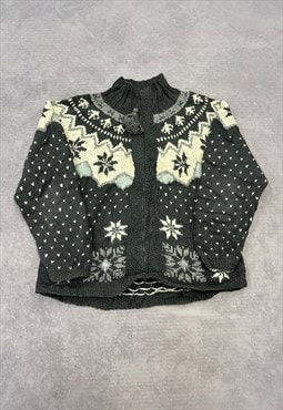 Vintage Knitted Cardigan Abstract Patterned Zip Up Sweater
