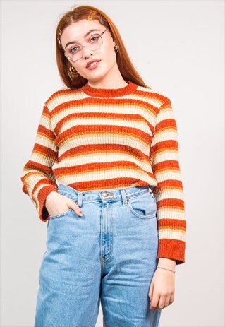 VINTAGE 70'S ORANGE KNIT STRIPED RIBBED LONG SLEEVE JUMPER