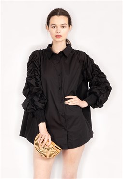 Cotton shirt with Ruched Sleeve in black