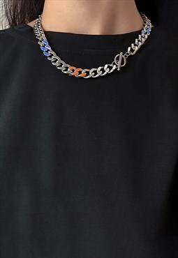 54 Floral 12mm 18" Cuban Curb Necklace Chain - Silver/Multi