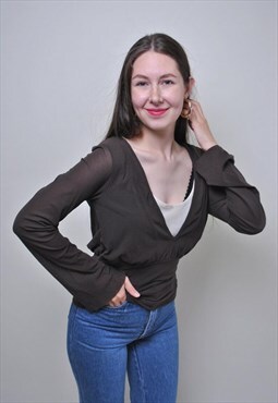 90s pullover brown blouse, vintage casual v neck shirt