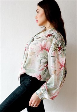 Pastel Floral Vintage Blouse Pussy Bow Puffy Sleeves 90s Top