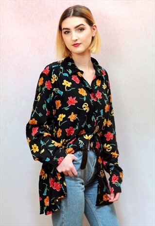 1990S VINTAGE BLACK FLORAL PATTERNED VISCOSE OVERSIZED SHIRT