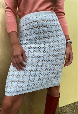 Y2K White Crochet Skirt. Soft Peach underlay.  Fab Size 8/10