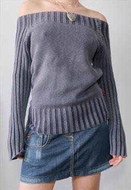 vintage y2k gorpcore bluish grey off shoulder sweater