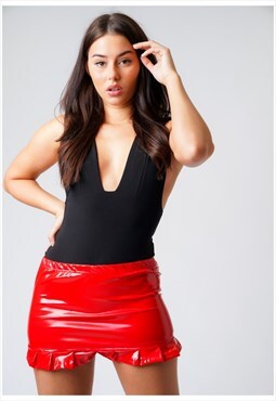 Red Frill Hem Wet Look Short Shiny PVC Mini High Waist Skirt