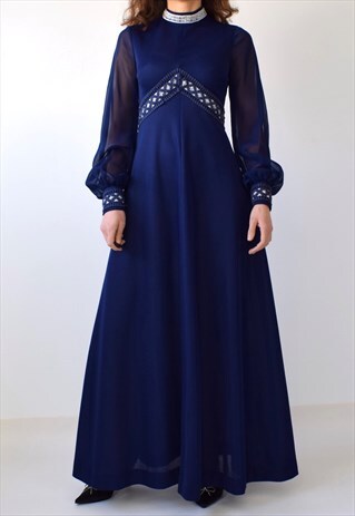 VINTAGE 70S LONG SHEER SLEEVES HIGH NECK MAXI DRESS