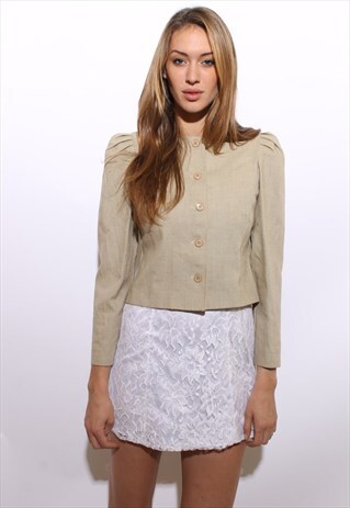 VINTAGE 1970'S 70'S NEUTRAL BEIGE LINEN FITTED JACKET XS-S