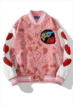 Heart patch varsity jacket faux leather sleeve bomber pink