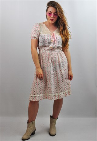 VINTAGE 70S FLORAL PATTERN PRAIRIE WESTERN SUMMER DRESS