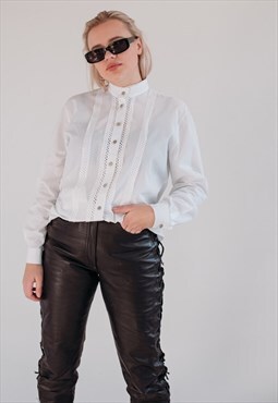 Vintage Long Sleeve High Neck Lace Detail Cotton Shirt White
