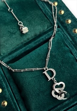 Vintage Dior necklace diamante heart silver tone chain