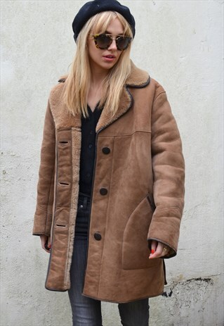 VINTAGE 70S LIGHT BROWN SHEEPSKIN SHEARLING COAT