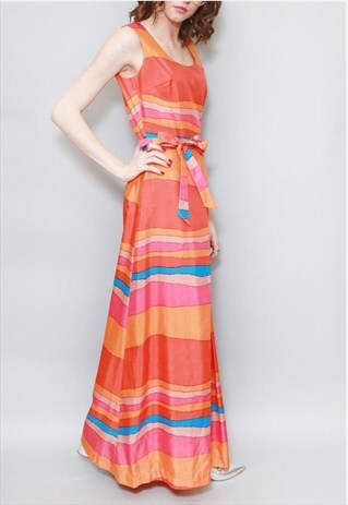 VINTAGE 1970'S VERA MONT PARIS ORANGE STRIPED MAXI DRESS