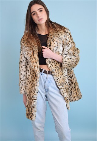VINTAGE 70'S RETRO FAUX FUR BROWN ANIMAL PRINT COAT