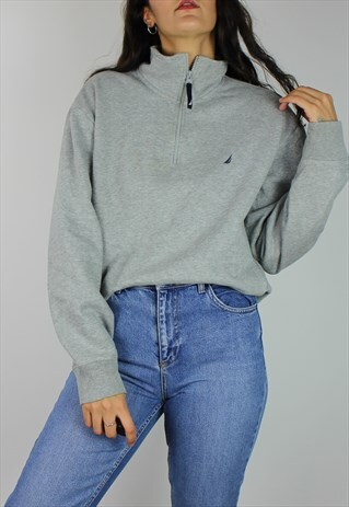 VINTAGE NAUTICA SWEATSHIRT JUMPER W LOGO FRONT & 1/4 ZIP