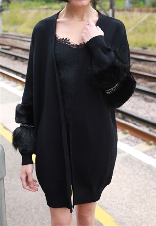 FAUX FUR AND SEQUIN EMBELLISHED SLEEVES LONG CARDIGAN
